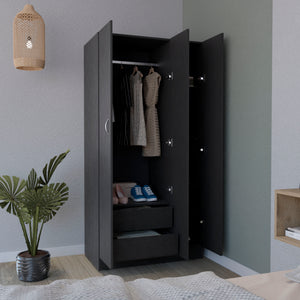 English Elm Ohio Armoire Wardrobe with 3 Doors, 2 Drawers & 4-Tier Shelves — Spacious Storage, Sturdy Handles, Organized Style Black 74 L x 23 W x 2 H B070S00207