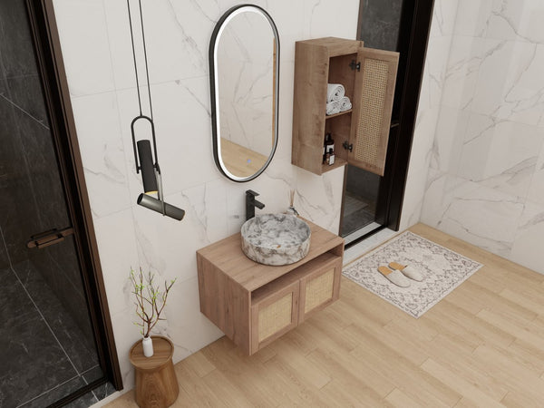 English Elm 30" Floating Bathroom Vanity Set with Ceramic Vessel Sink and Rattan Side Cabinet W999S00497