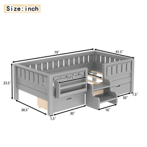 English Elm Twin Kids Storage Bed with Bookshelf Headboard Safety Staircase and Under Drawers Gray W1580P379185