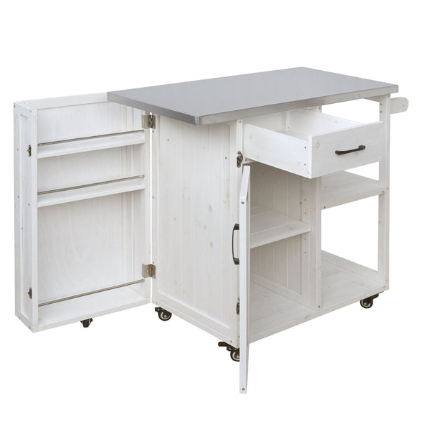 English Elm Foldable Outdoor Kitchen Cart with Stainless Worktop Fir Wood Frame and Lockable Wheels White N719P380278K