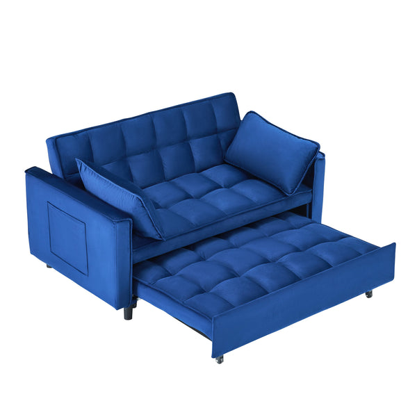 English Elm The 55-inch Blue Velvet Sofa Bed with Tufted Design, 2-Seater Convertible Couch, Durable 500lb Frame W3371P314998
