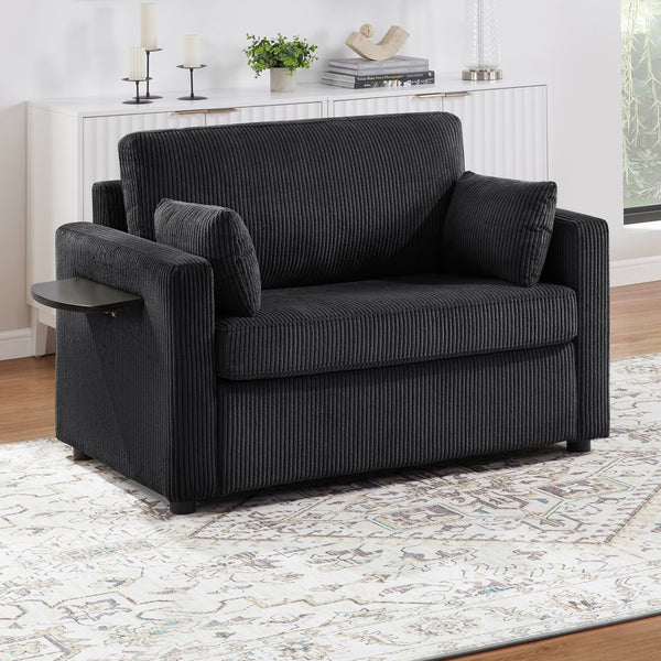 English Elm Twin Convertible Sofa Bed with Foldable Side Table, USB Ports, Storage Pocket & Lumbar Pillows for Small Spaces Black N719S002030B