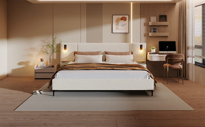 English Elm Christopher Knight Home® - Chic Boucle Upholstered Bed With Integrated Lighting & Shelves, Modern White Design, Queen Size N769P264793Q