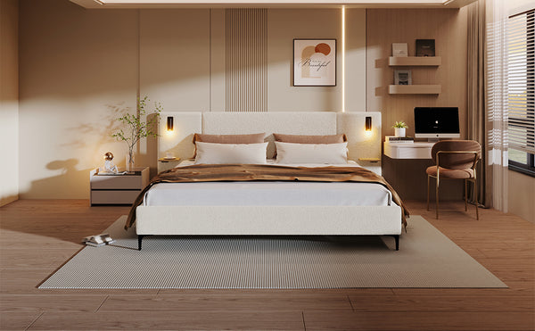 English Elm Christopher Knight Home® - Chic Boucle Upholstered Bed With Integrated Lighting & Shelves, Modern White Design, Queen Size N769P264793Q