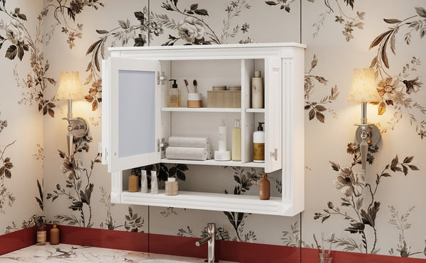 English Elm 35inch White Wall Mounted Medicine Cabinet Mirrored Doors Open Shelving Bathroom Storage N710P415335K
