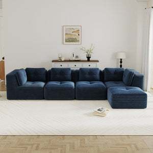 English Elm Modern Corduroy Sectional Sofa with Tufted Cushions Deep Seat and Movable Ottoman Blue W714S01805