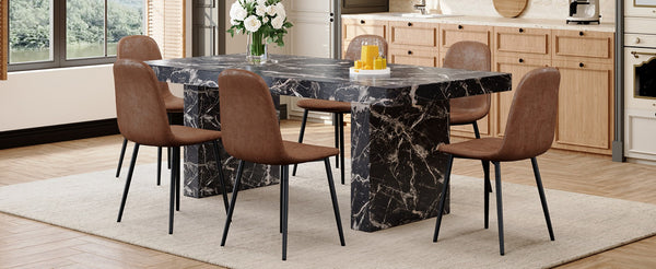 English Elm Table and Chair Set Seating Six with Marble Mdf Top Brown Fabric Upholstered Seats W1151S03914