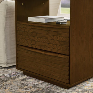 English Elm Mid Century Modern nightstand with USB charging, louver drawers, open shelf and hidden cord storage Walnut Brown W1801P303385