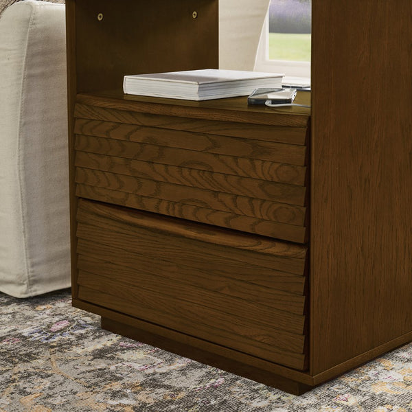 English Elm Mid Century Modern nightstand with USB charging, louver drawers, open shelf and hidden cord storage Walnut Brown W1801P303385