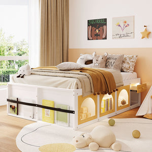English Elm Full Size Kids Platform Bed with Led Lighting Bookshelf Display Cabinet and Storage Drawer White+Natural N820S00077K