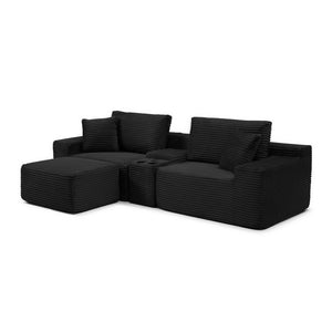 English Elm Modular Cloud Sectional Sofa with Corduroy Deep Seating Usb Ports and Storage Ottoman Black W1117S00360