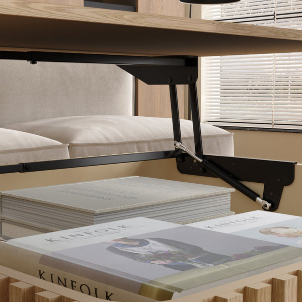 English Elm 31.5 Lift-Top Coffee Table with Hydraulic Raise, Fluted Wood Slats, Hidden Compartment & Shelf Natural Wood W1445P355642