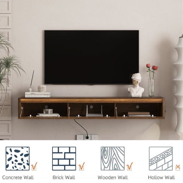 English Elm Floating TV Stand with Touch LED Strip, Built-In Power Hub & Ample Storage for Modern Living Rooms Wood 74.61 L x 17.52 W x 6.1 H W1321P389548