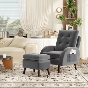 English Elm Upholstered Velvet Accent Chair and Ottoman with Storage, Tufted Design, 6-Level Adjustable Backrest Dark Gray T3623P411376