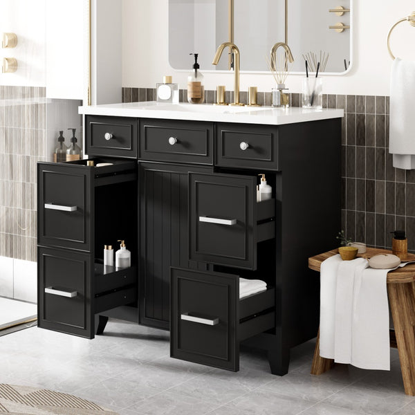 English Elm 36" Matte Black Shaker Vanity with Resin Sink Solid Wood 3 Drawer Soft Close SV000003AAB