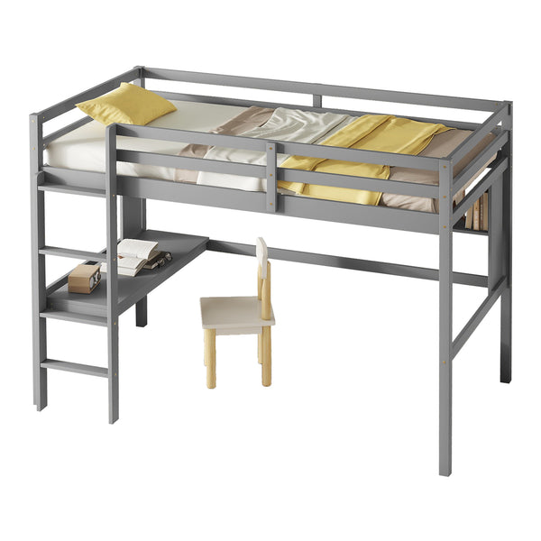 English Elm Twin Loft Bed with Built-In Desk and Bookcase, Pine Frame, Safety Guardrail, Ladder for Study Space Grey W504P181852