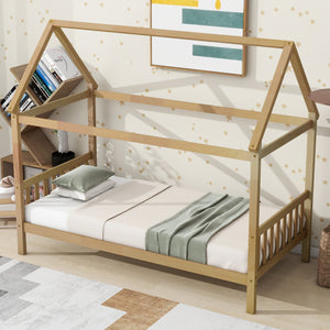 English Elm Twin House Bed with Headboard and Footboard — Space-Saving Rubberwood Frame, Playful Architectural Design White Oak W504P225961