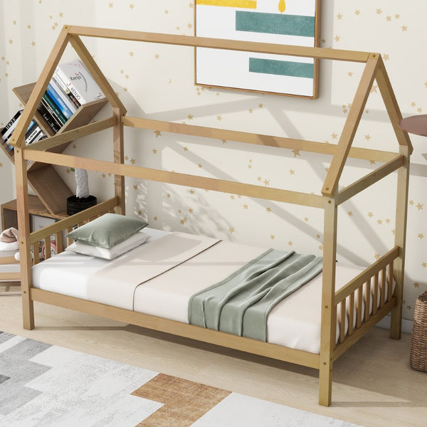 English Elm Twin House Frame Bed Solid Rubberwood Pitched Roof Headboard Kids Room White Oak W504P360081