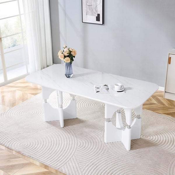 English Elm Modern Marble Print Mdf Dining Table Sculptural Hollow Frame Metal Accents Small Space White W3875S00026