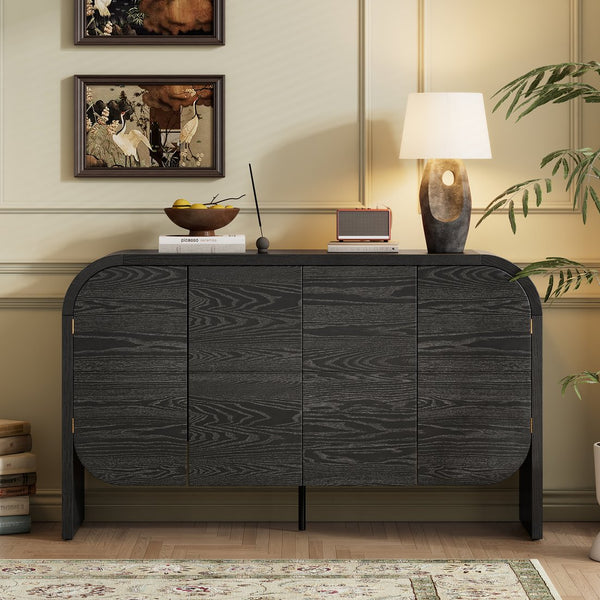English Elm TREXM Retro Buffet Cabinet with 4 Doors, Curvy Edge Sideboard, Adjustable Shelves, Black/Natural Finish N715P228110B