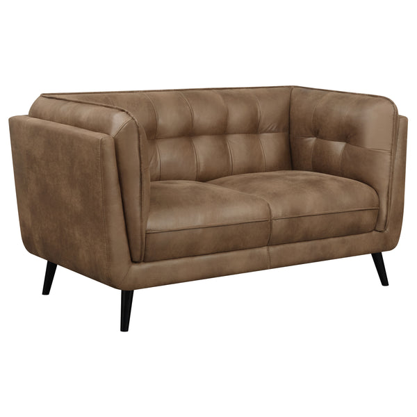 English Elm Maximillion Vintage Brown Chesterfield-Style Loveseat with Tufted Shelter Arms, Microfiber Leather Elegance B062P358089