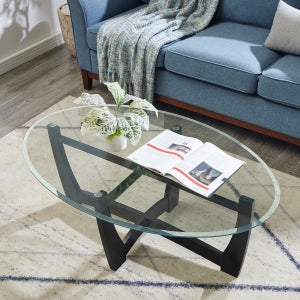 English Elm 48 Oval Glass Coffee Table with Tempered Top and Solid Wood Base, Stylish 48" Center Table for Living Rooms Black W487P317842
