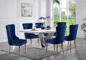 English Elm Contemporary Elegant Flannelette Wingback Dining Chair Set with Button Tufting, Nailhead Trim & Chrome Legs Blue 32 L x 26 W x 23 H B011P208975