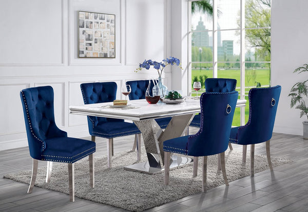English Elm Contemporary Elegant Flannelette Wingback Dining Chair Set with Button Tufting, Nailhead Trim & Chrome Legs Blue 32 L x 26 W x 23 H B011P208975