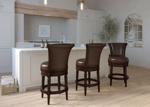 English Elm 26in. Solid Wood High-back Swivel Barstool Faux Leather Seat Nail Head Trim B2751P436428