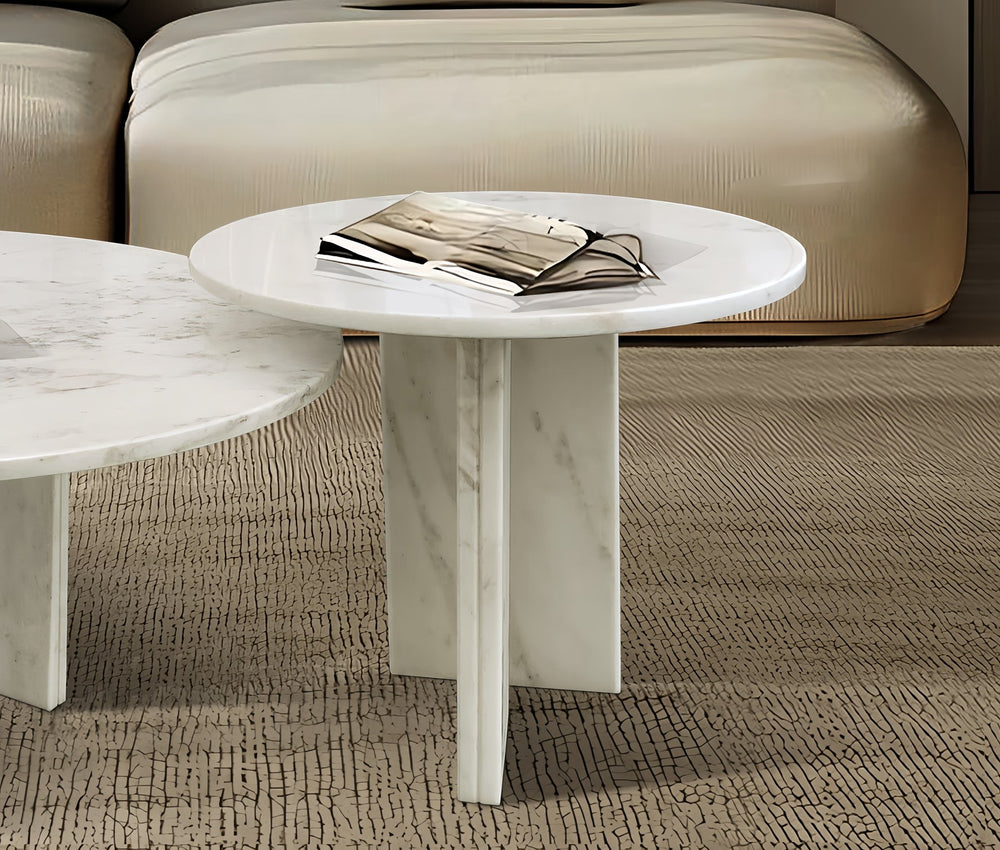 English Elm White marble coffee table set — Luxury natural stone duo, unique veining, semi-polished designer centerpiece, easy-assemble decor (70/45cm) W1696S00002