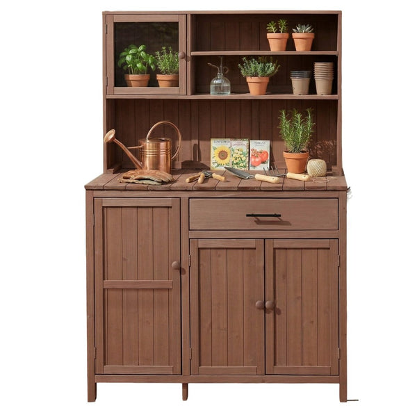English Elm (with Hutch) Topamx Solid Fir Potting Bench Patio Workstation Spice Rack Drawer Brown N717P404330D