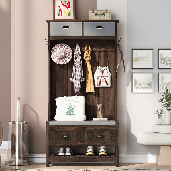 English Elm VIBE Hall Tree with 6 Hooks, Hinged Top Storage, Bench Seat & Drawers for Organized Entryway Brown N724P184891D