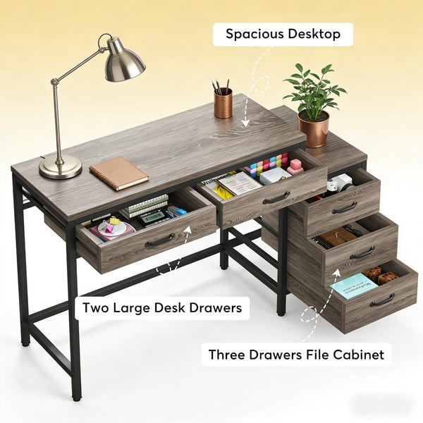 English Elm Office Writing Desk with 5 Drawers Industrial Wood and Black Metal Frame T3971P450665