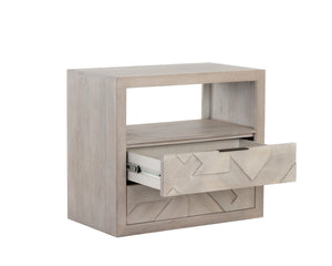 Sunpan Lisboa Nightstand - Unique Handcrafted Light Grey Mango Wood Nightstand with Intricate Drawers & Shelf