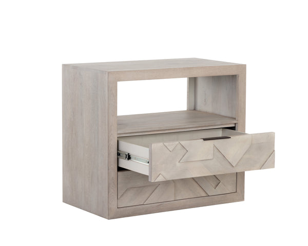 Sunpan Lisboa Nightstand - Unique Handcrafted Light Grey Mango Wood Nightstand with Intricate Drawers & Shelf
