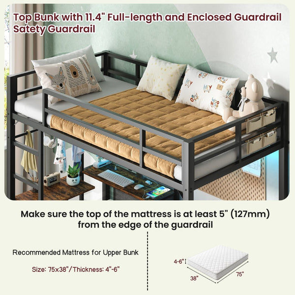 English Elm Bunk Bed Steel Frame with Rgb Lighting Charging Station Drawers and Folding Desk W1820P420816