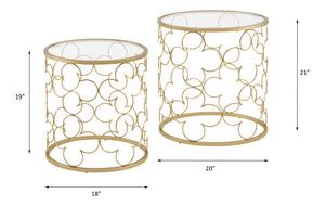 English Elm Flowie Gold Finish Nesting Tables with Clear 5mm Tempered Glass Top, Drum Metal Frame Chic Decor B2726P244958