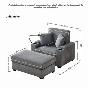 English Elm 55" Oversized Chaise Lounge Chair With Ottoman & Storage - Comfy Velvet Recliner With Usb Port & Cup Holder W3373P330166