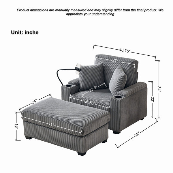 English Elm 55" Oversized Chaise Lounge Chair With Ottoman & Storage - Comfy Velvet Recliner With Usb Port & Cup Holder W3373P330166