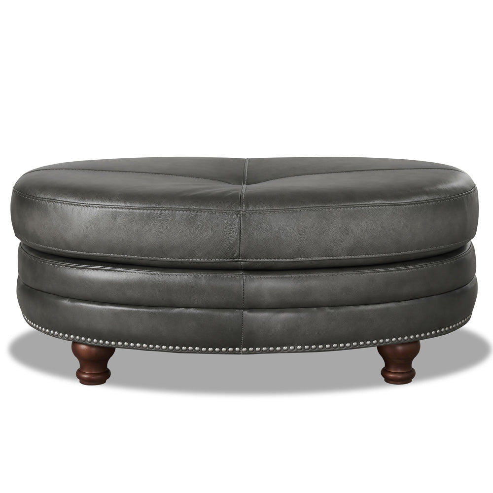 English Elm Belfast Top Grain Leather Oval Ottoman with Button-Tufted Sides, Nail-Head Trim, Curved Elegant Design B2705P211698