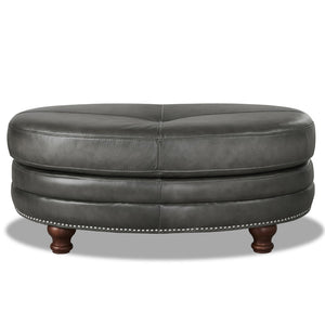 English Elm Belfast Top Grain Leather Oval Ottoman with Button-Tufted Sides, Nail-Head Trim, Curved Elegant Design B2705P211698