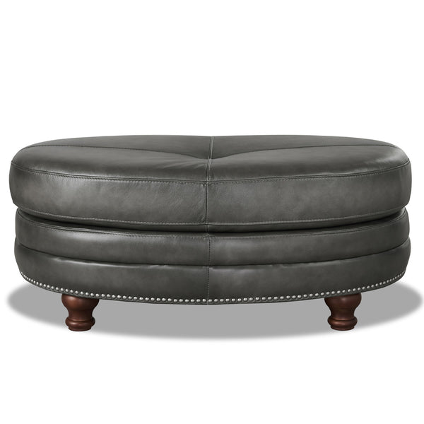 English Elm Belfast Top Grain Leather Oval Ottoman with Button-Tufted Sides, Nail-Head Trim, Curved Elegant Design B2705P211698