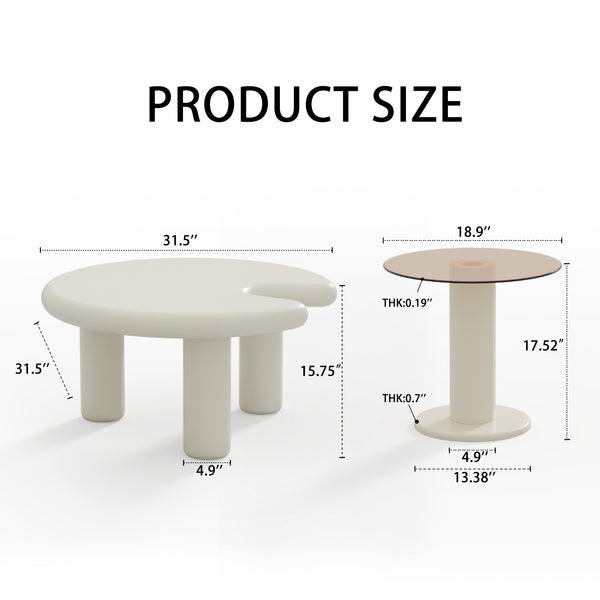 English Elm Circular Beige Cream Coffee Table Set with Orange Legs, Round Edge Nesting Tables, Easy Assembly and Durable MDF Surface for Living Room Decor W3081P254978