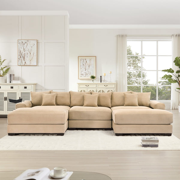 English Elm 130" Oversized Cloud Modular Sectional Couch In Plush Camel Corduroy, Ergonomic Design & Ottoman Included For Ultimate Comfort W714S01309