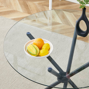 English Elm A Round Tempered Glass Dining Table with Sculptural Black Metal Legs for Modern Spaces W1151P411356