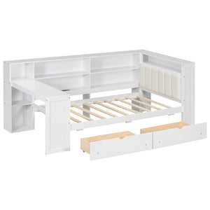 English Elm Wood Twin Size Platform Bed With Drawers, Charging Station, Led Light, Desk, & Upholstered Headboard N7090001046K-GIGA