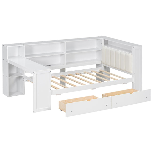 English Elm Wood Twin Size Platform Bed With Drawers, Charging Station, Led Light, Desk, & Upholstered Headboard N7090001046K-GIGA