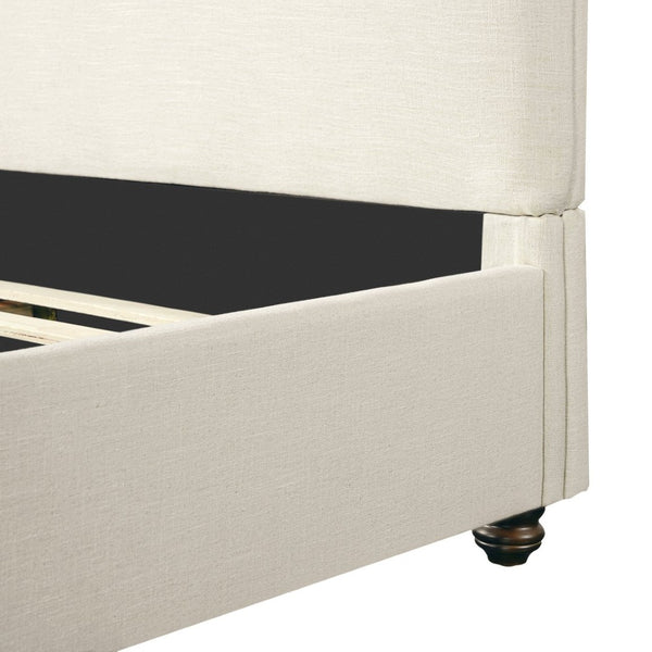 English Elm Queen Linen Upholstered Bed Frame Thick Rolled Headboard Solid Rubberwood Legs Bedroom Beige N757Q384827I
