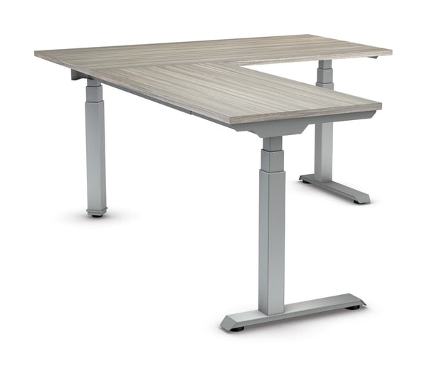 OSP Home Furnishings Ascend Ii Electric L-shape Standing Desk with Three Stage Lift for Home Office Silver A336078SVU