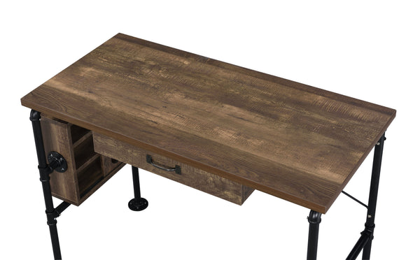 English Elm Endang Weathered Oak & Black Writing Desk with Drawer and 3-Tier Left Shelf, KD Metal Frame B2726P279122